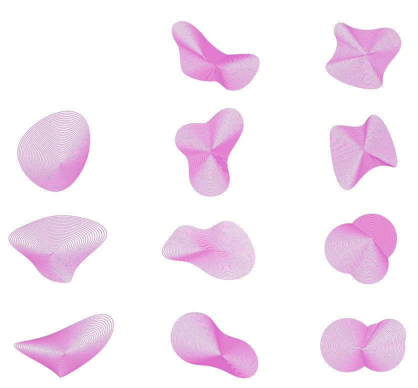 A grid of nine soft pink 3D rendered blob forms, each a different organic shape.