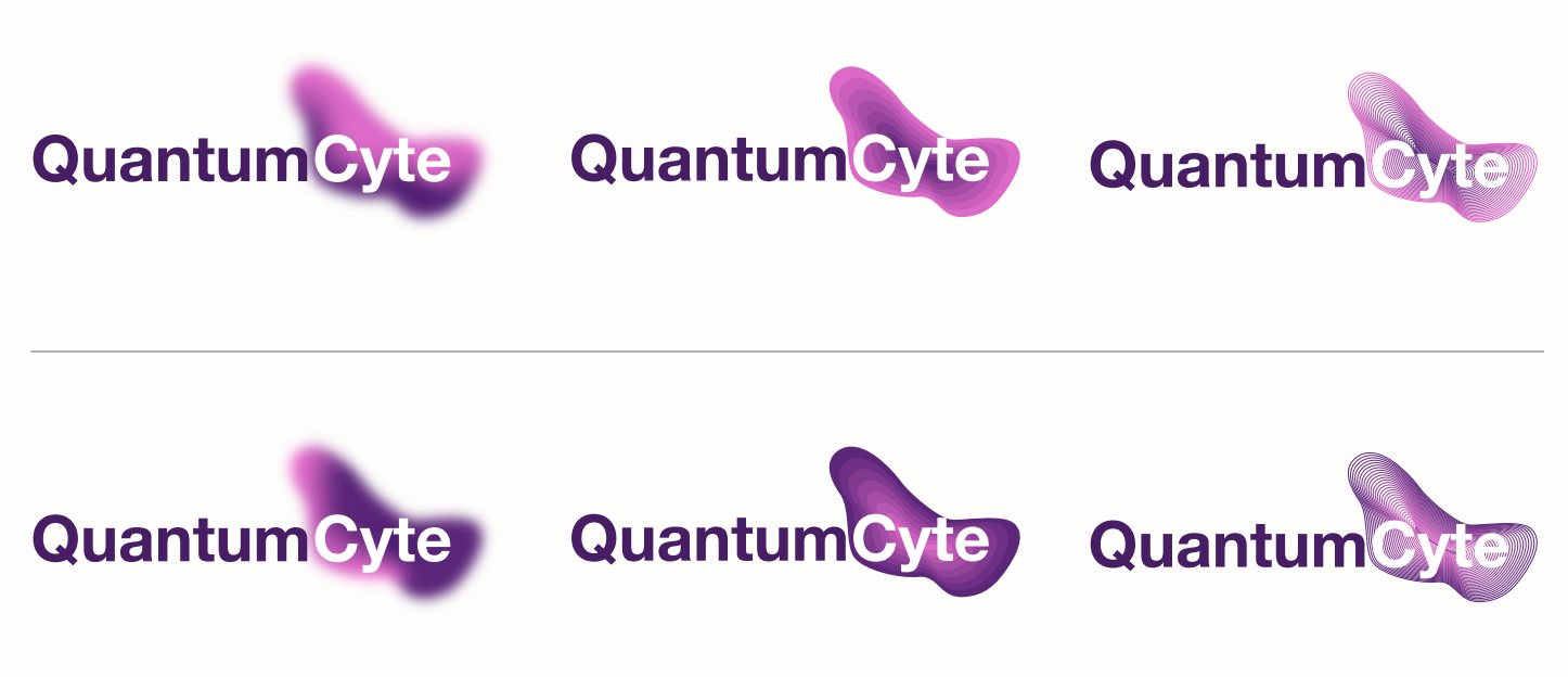 Six early QuantumCyte lockups with purple gradient cell marks in slightly different shapes.