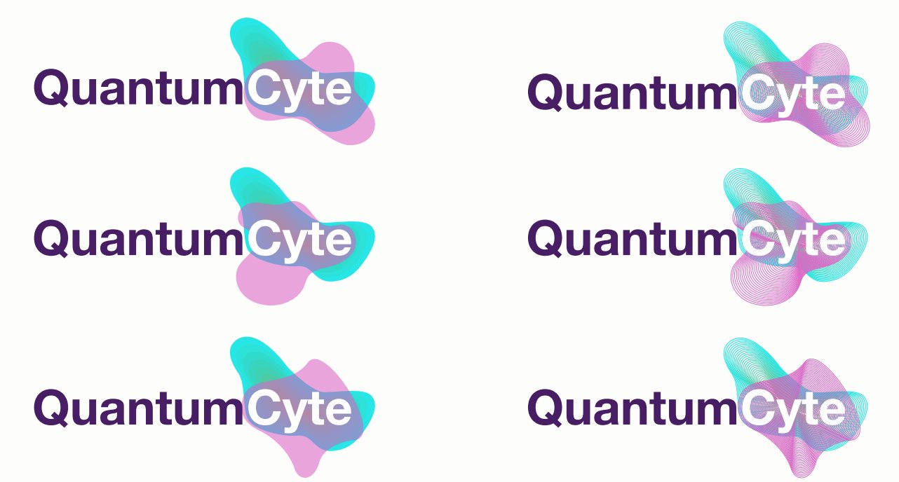 Six early QuantumCyte lockups pairing purple type with teal and pink gradient cell marks.
