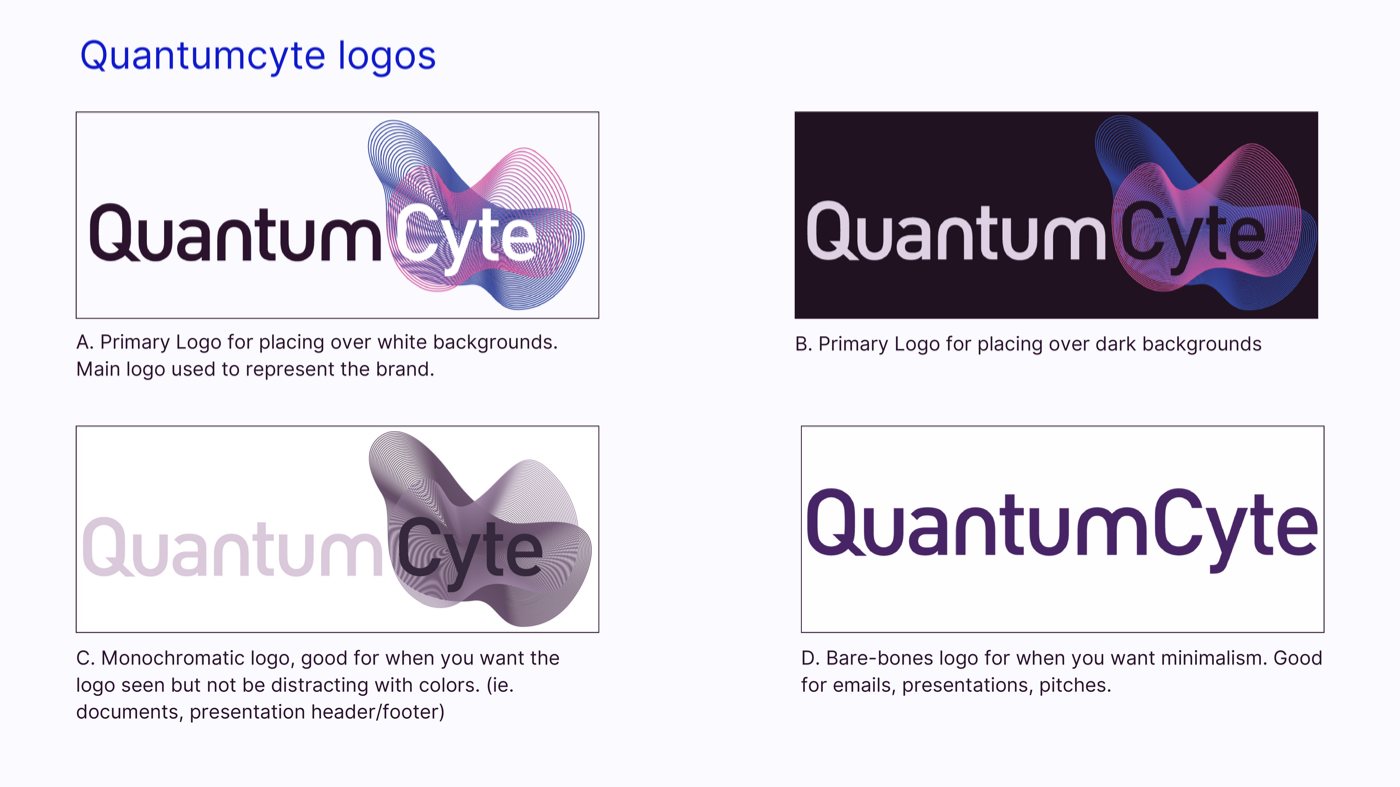 Brand guidelines page showing four QuantumCyte logo versions: primary on white, primary on dark, monochromatic, and bare-bones, each with a note on when to use it.