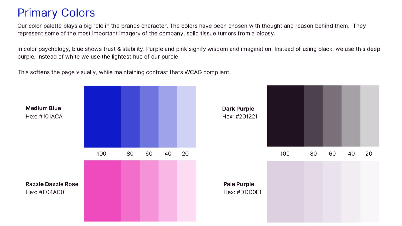 Brand guidelines page of primary colors: Medium Blue, Dark Purple, Razzle Dazzle Rose and Pale Purple, each with tints from 100 down to 20.