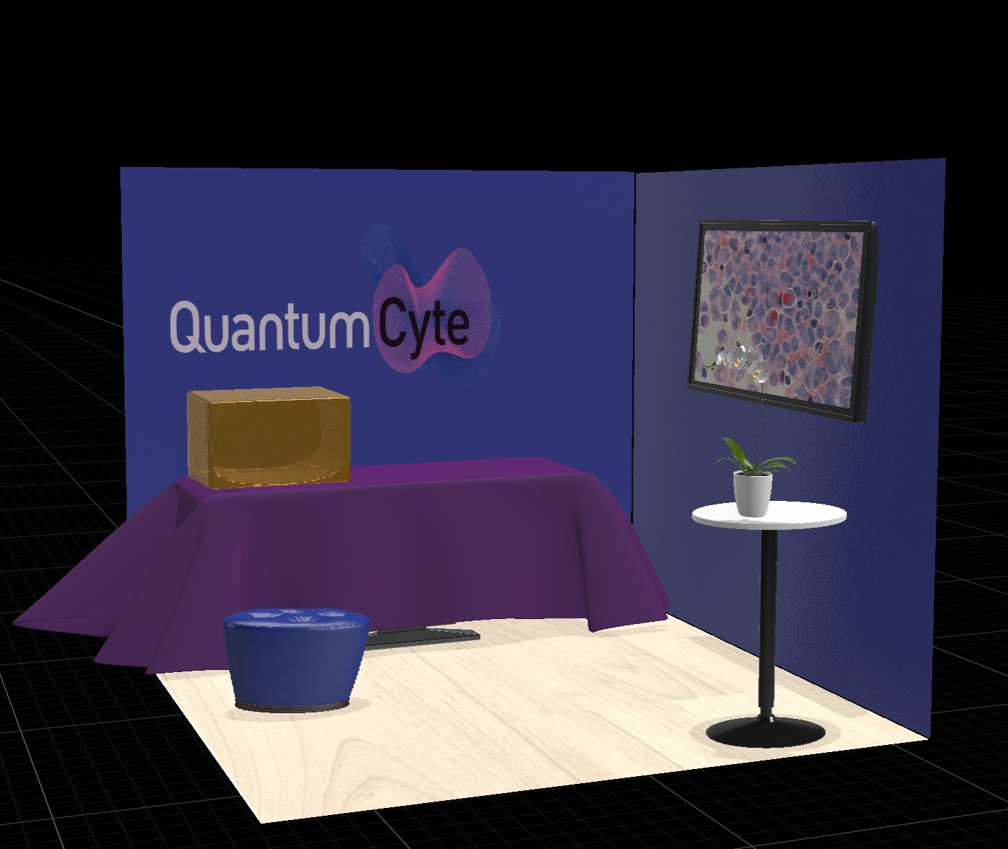 A simple 3D render of the QuantumCyte booth: a navy backdrop with the logo, a purple-draped table, a cocktail table with a plant, and a framed tissue image.