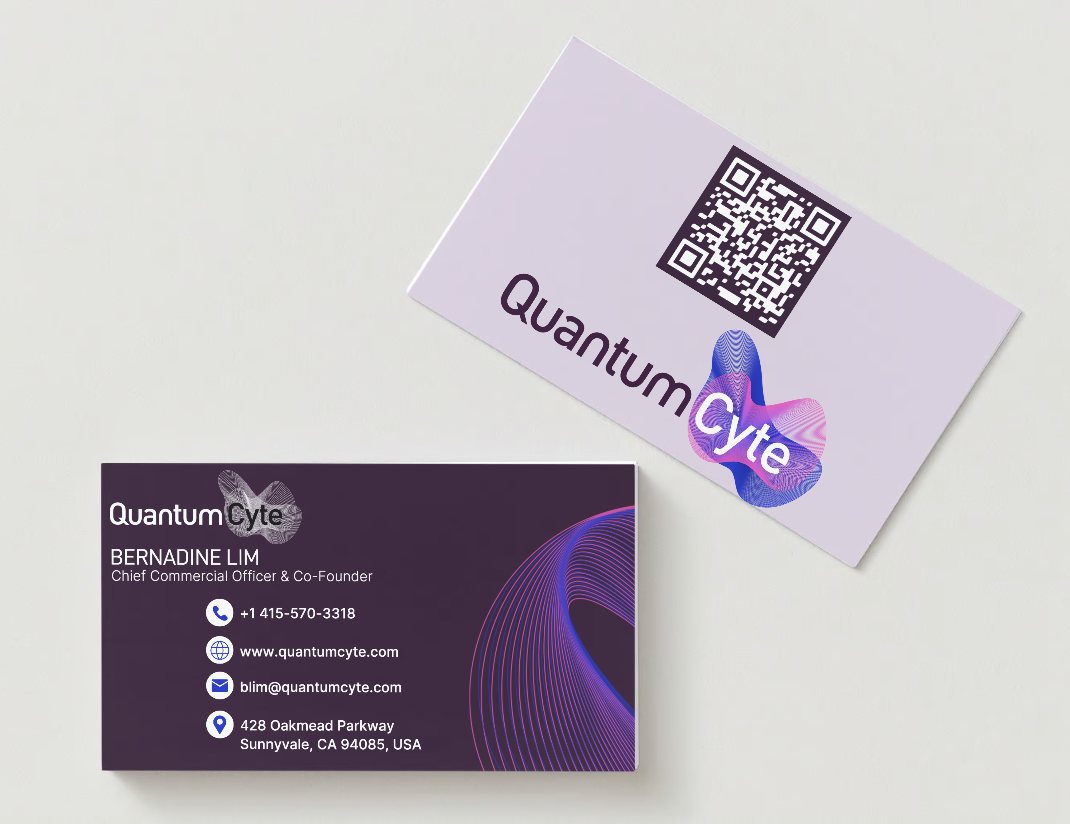 QuantumCyte business card mockup: a lilac back with a QR code and the logo, and a deep purple front with contact details and swirling line graphics.