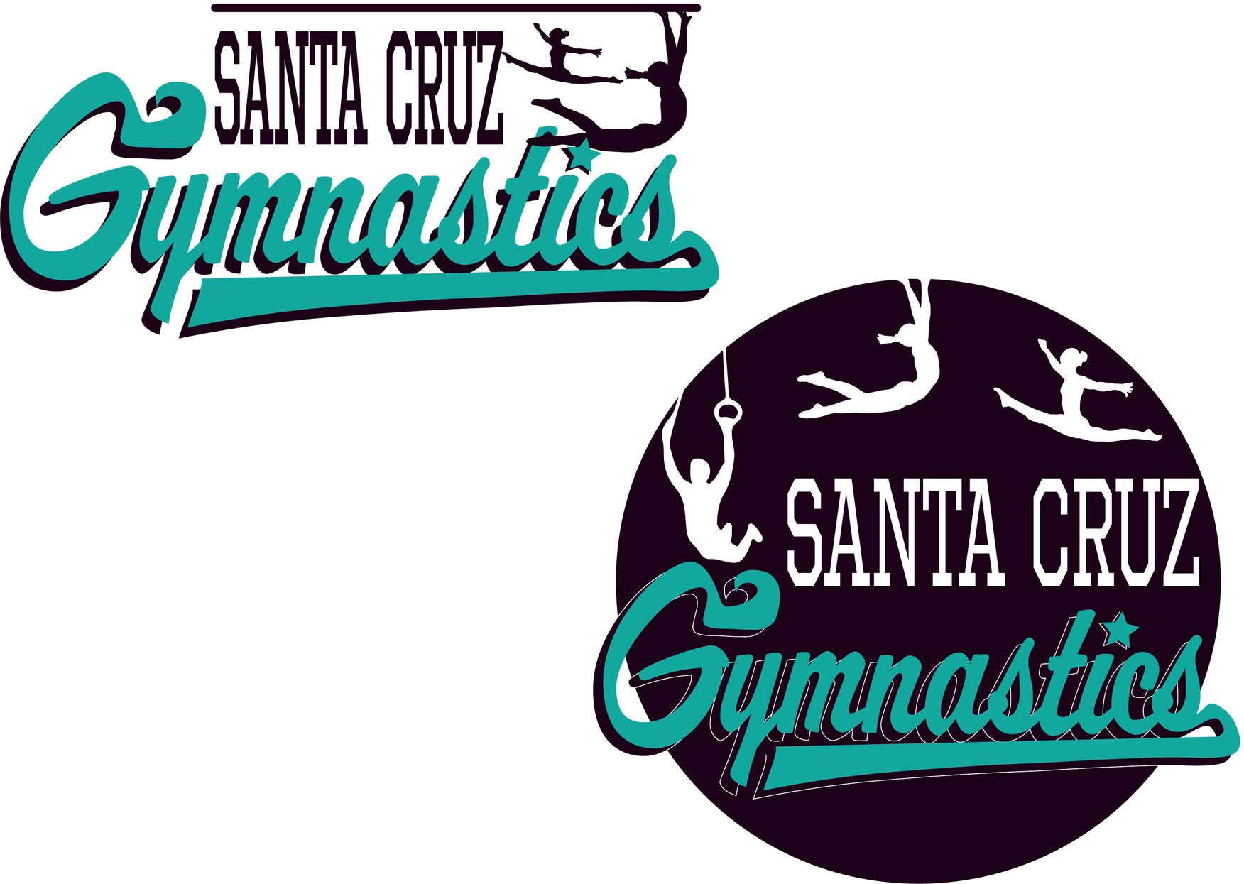A teal and black gymnastics script wordmark with small gymnast figures in the letterforms.