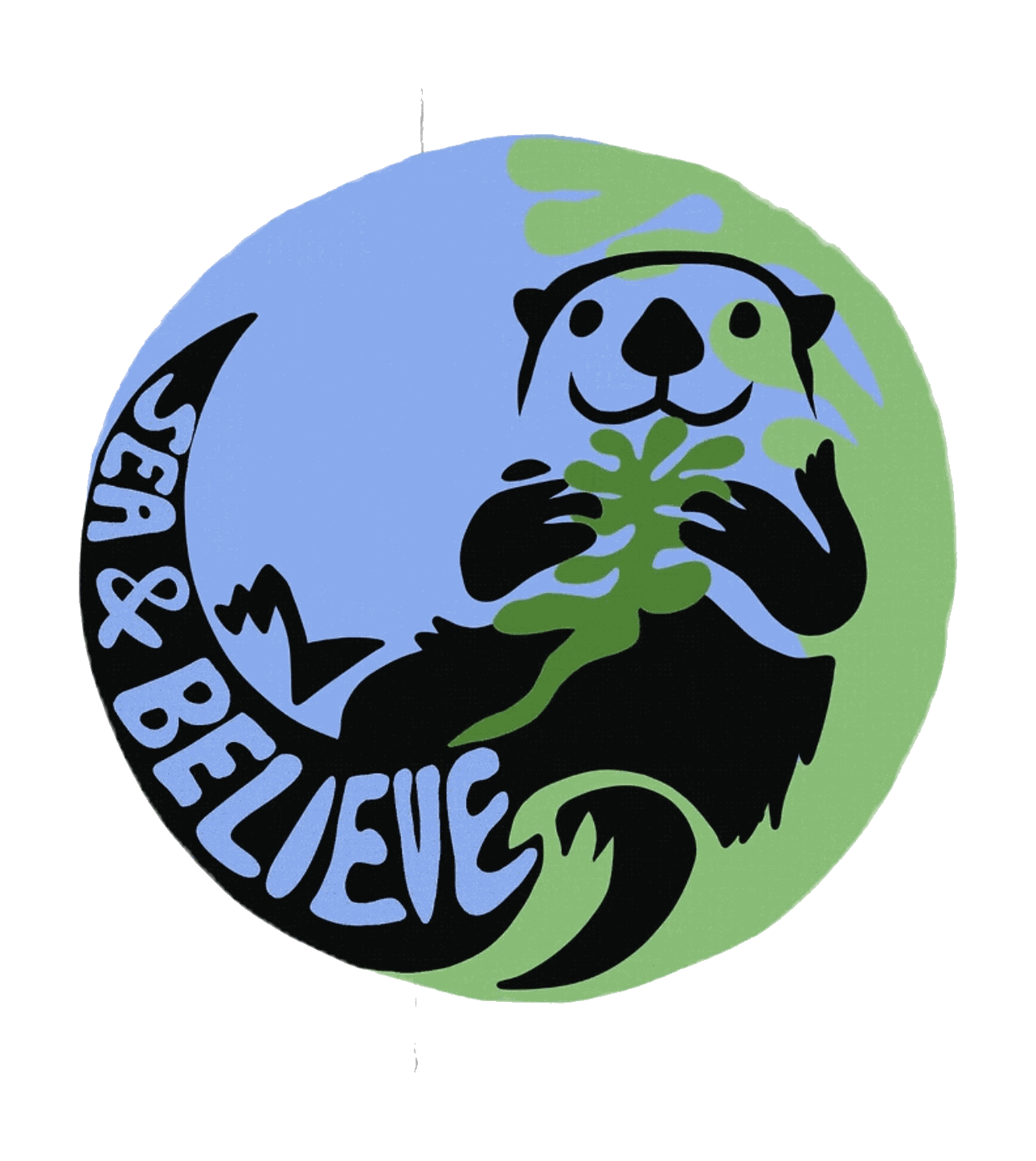 The Sea & Believe brand mark: an otter floating on its back holding a sprig of seaweed, inside a blue and green circle.