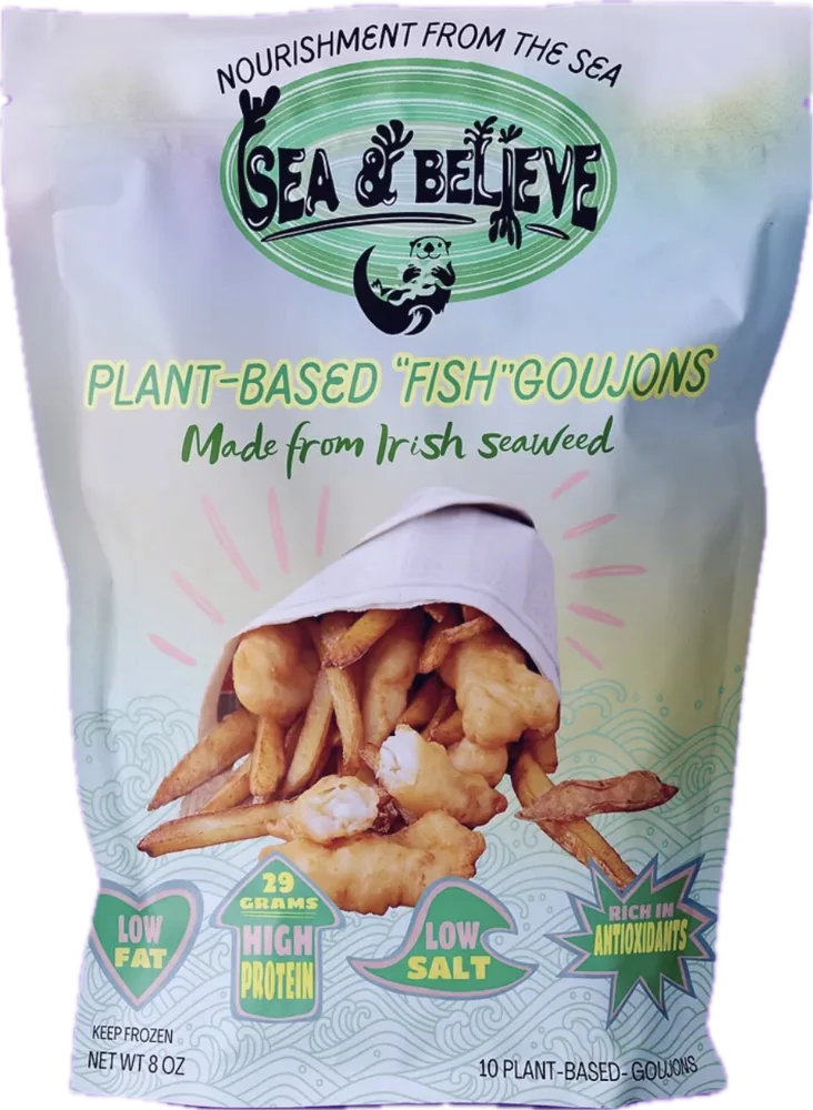 Sea & Believe plant-based "fish" goujons pouch, golden goujons spilling from a paper cone.