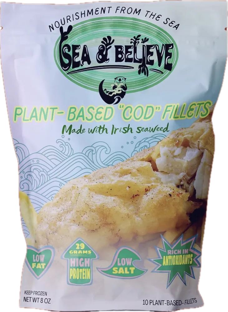 Sea & Believe plant-based "cod" fillets pouch with a flaky fillet photographed on the front.