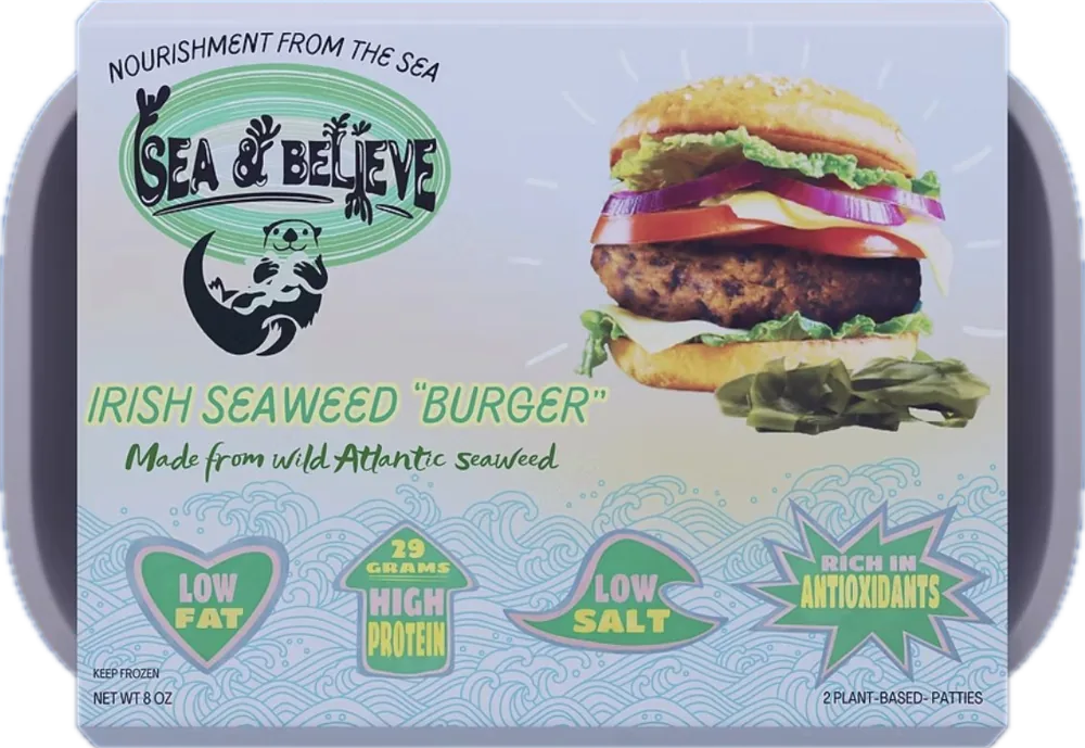 Sea & Believe Irish seaweed "burger" tray with a stacked burger and the four nutrition badges.