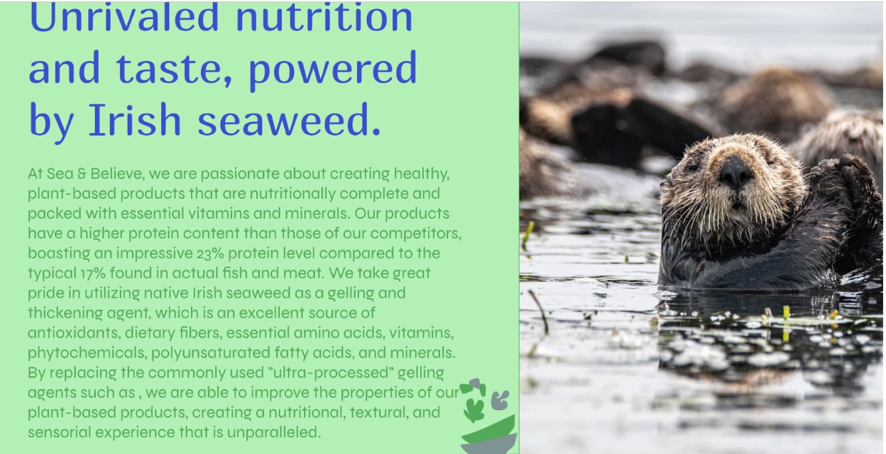 A section headed 'Unrivaled nutrition and taste, powered by Irish seaweed' next to a photograph of a sea otter floating in kelp.