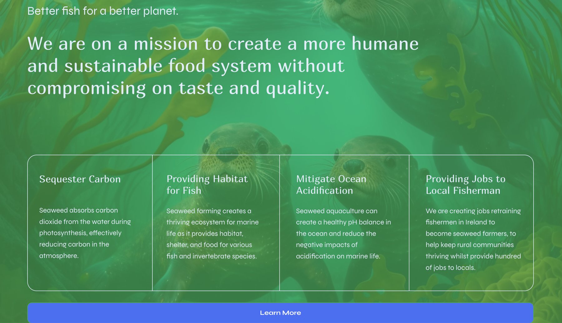 A Sea & Believe web page headed 'Better fish for a better planet', with four columns on sequestering carbon, providing habitat for fish, mitigating ocean acidification and providing jobs to local fishermen, over a photograph of kelp and sea otters.