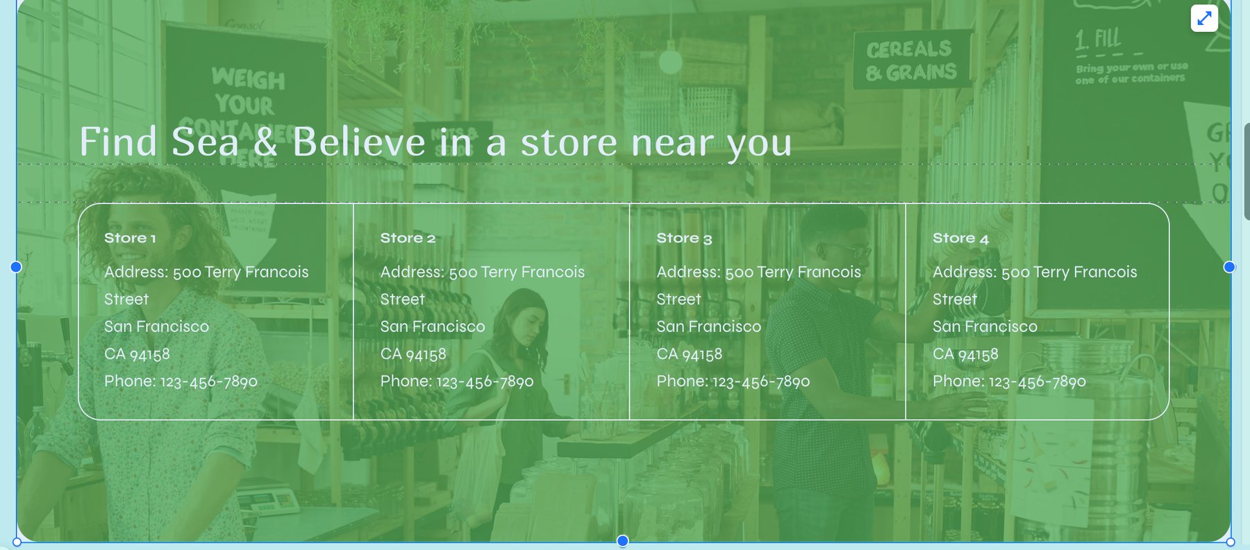A 'Find Sea & Believe in a store near you' page listing four stores with addresses and phone numbers.
