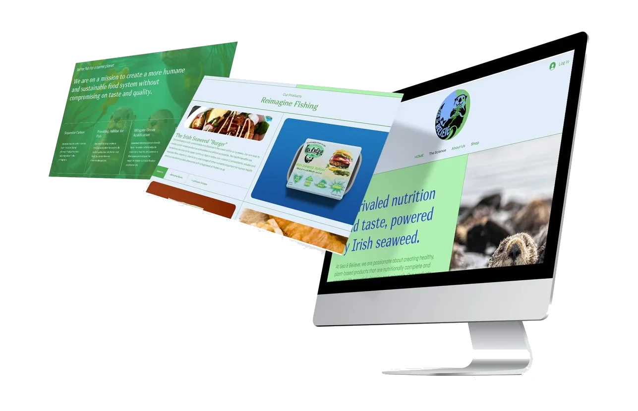 Sea & Believe brand collateral shown on a desktop monitor with printed pieces fanned in front of it.