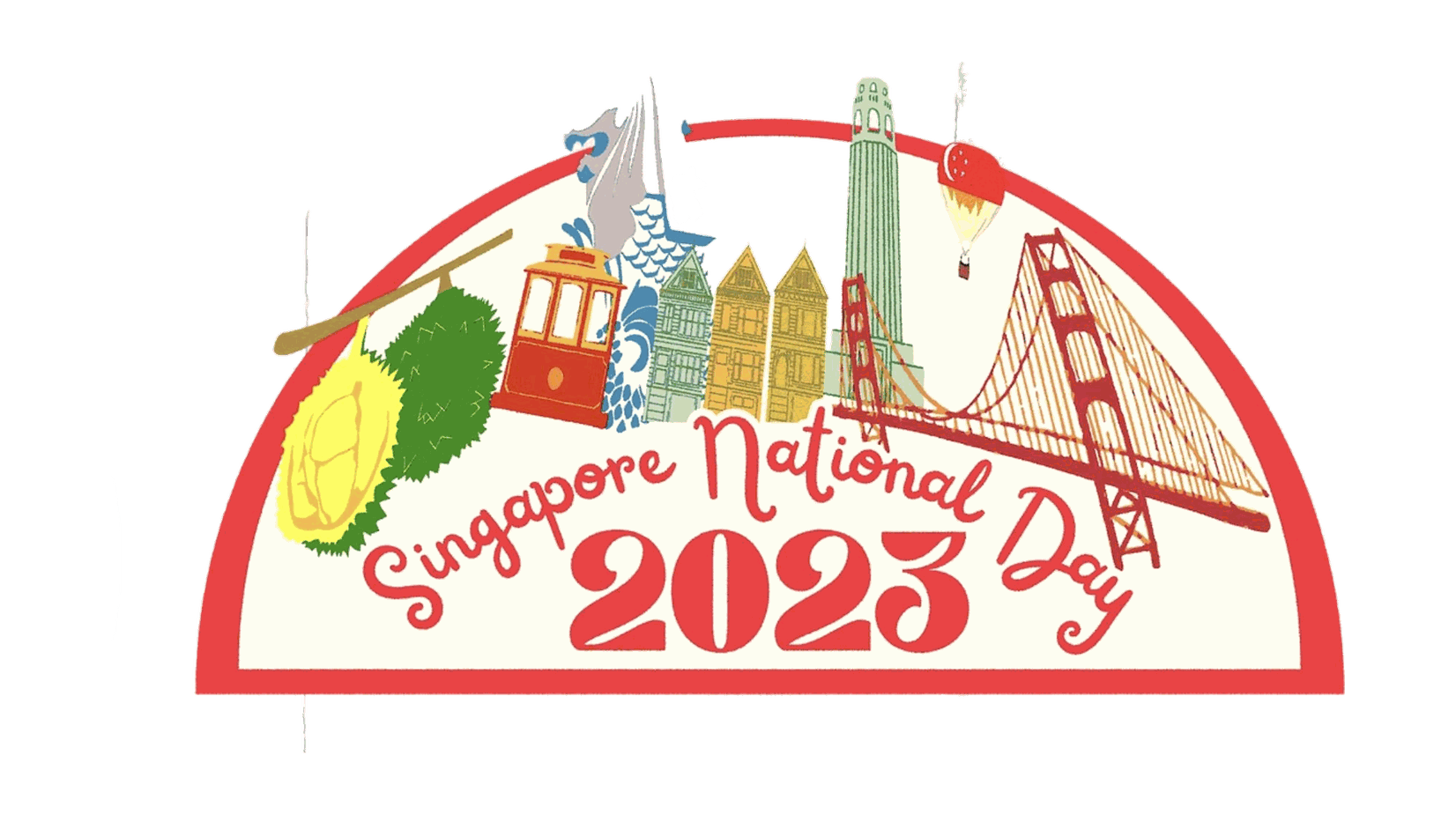A red and green arched badge holding the Merlion, a durian and the Golden Gate Bridge.
