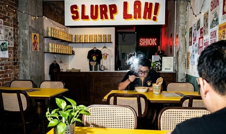 Slurp Lah storefront interior with a hand-painted sign, neon 'Shiok' light, and a customer eating noodles at a yellow table.