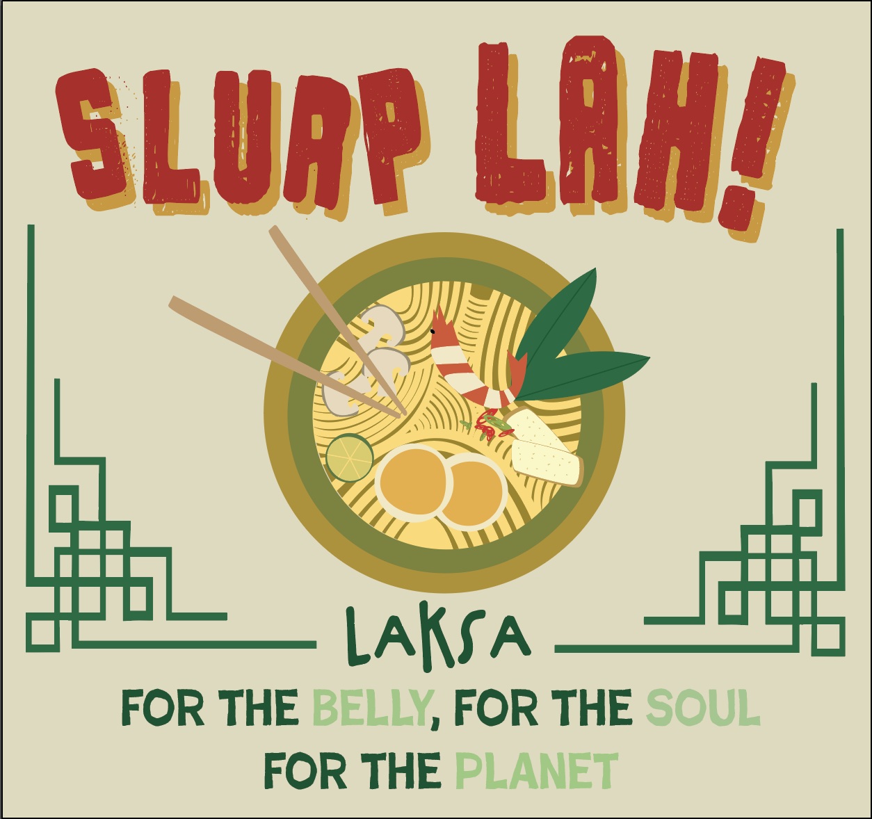 Flat cup label design for Slurp Lah Laksa, with hand-lettered logo and an illustrated bowl of noodles.