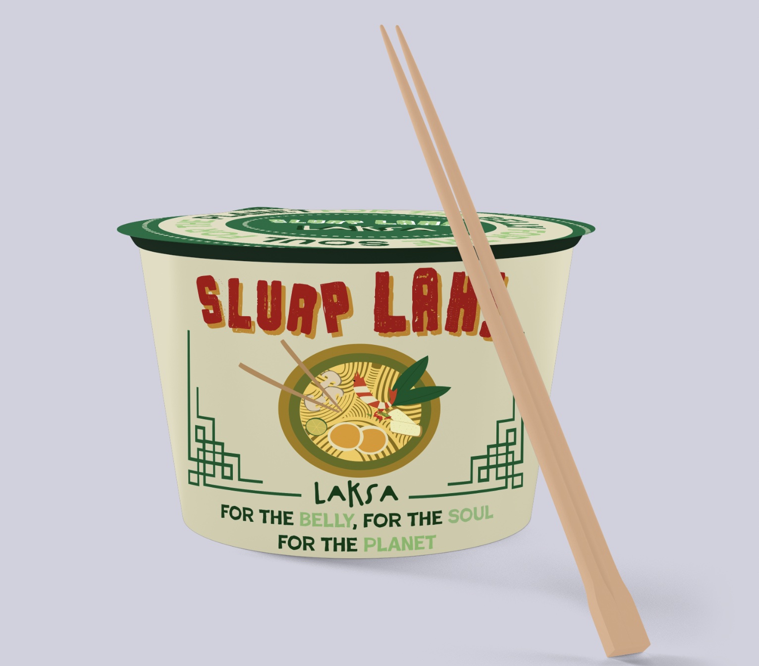 3D product render of the Slurp Lah instant laksa cup with chopsticks.