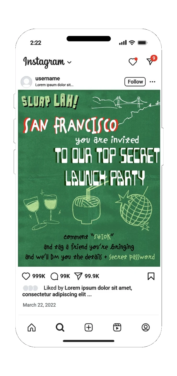 The same launch party post shown in an Instagram feed mockup on a phone, with follow button, like and comment counts and the caption below it.