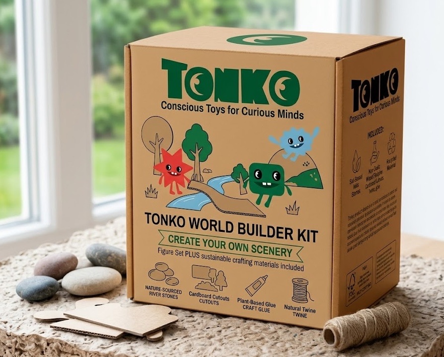 The Tonko World Builder Kit box on a stone ledge by a window: kraft cardboard printed with the Tonko wordmark and the three characters in an illustrated landscape, beside river stones, twine and cardboard cutouts.