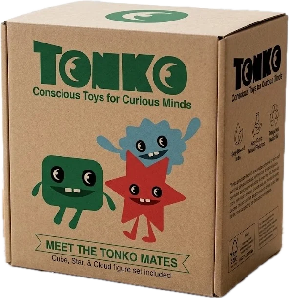 The Meet the Tonko Mates box, kraft cardboard printed with the Tonko wordmark and the three characters: Cube, Star and Cloud.
