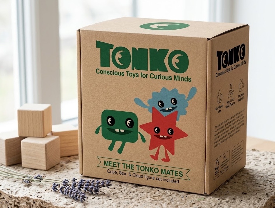 The Meet the Tonko Mates box on a windowsill with plain wooden blocks and lavender beside it, the three characters printed across the front.
