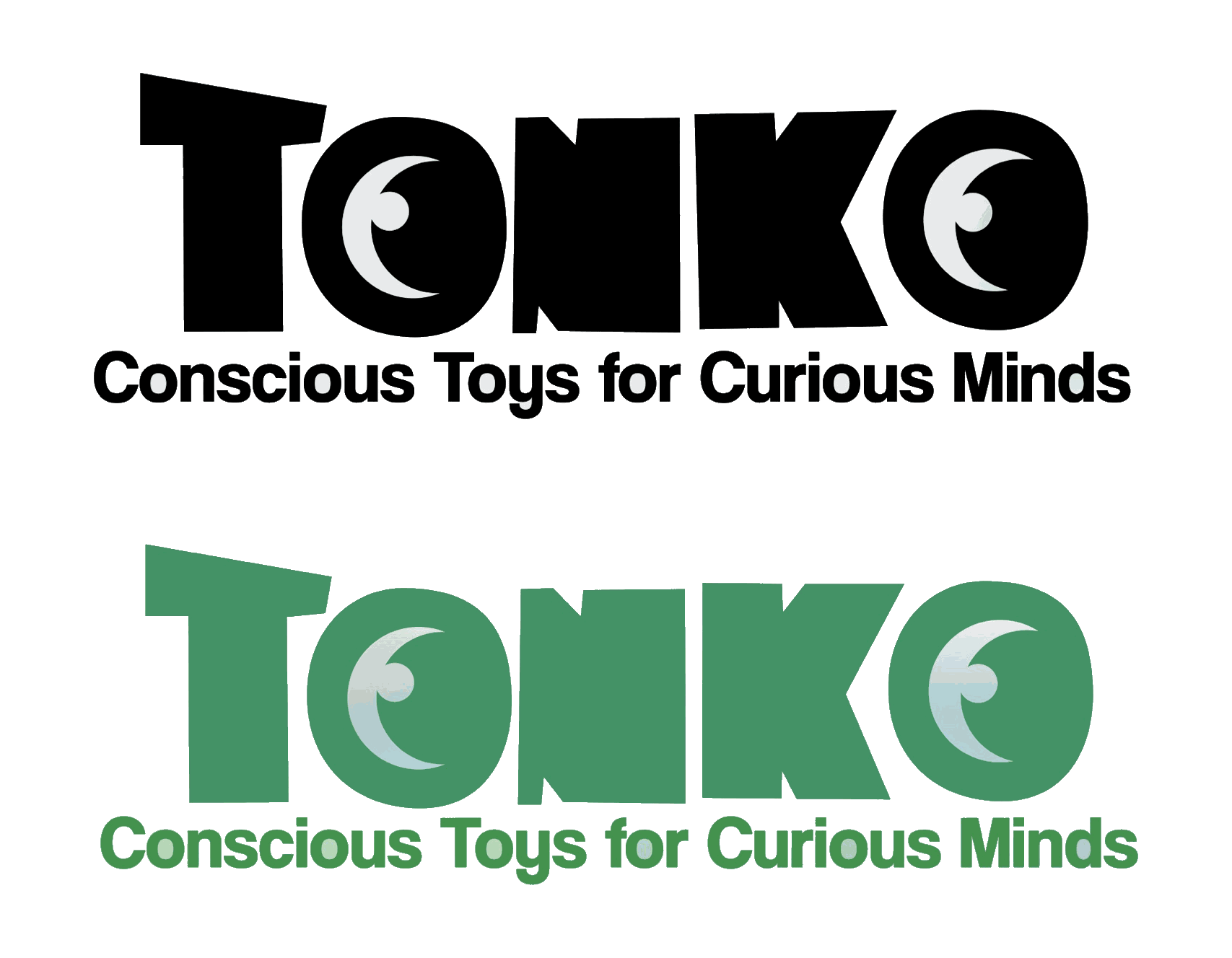 The Tonko wordmark in black and in green, the O of each set as an eye with a crescent pupil, above the line Conscious Toys for Curious Minds.