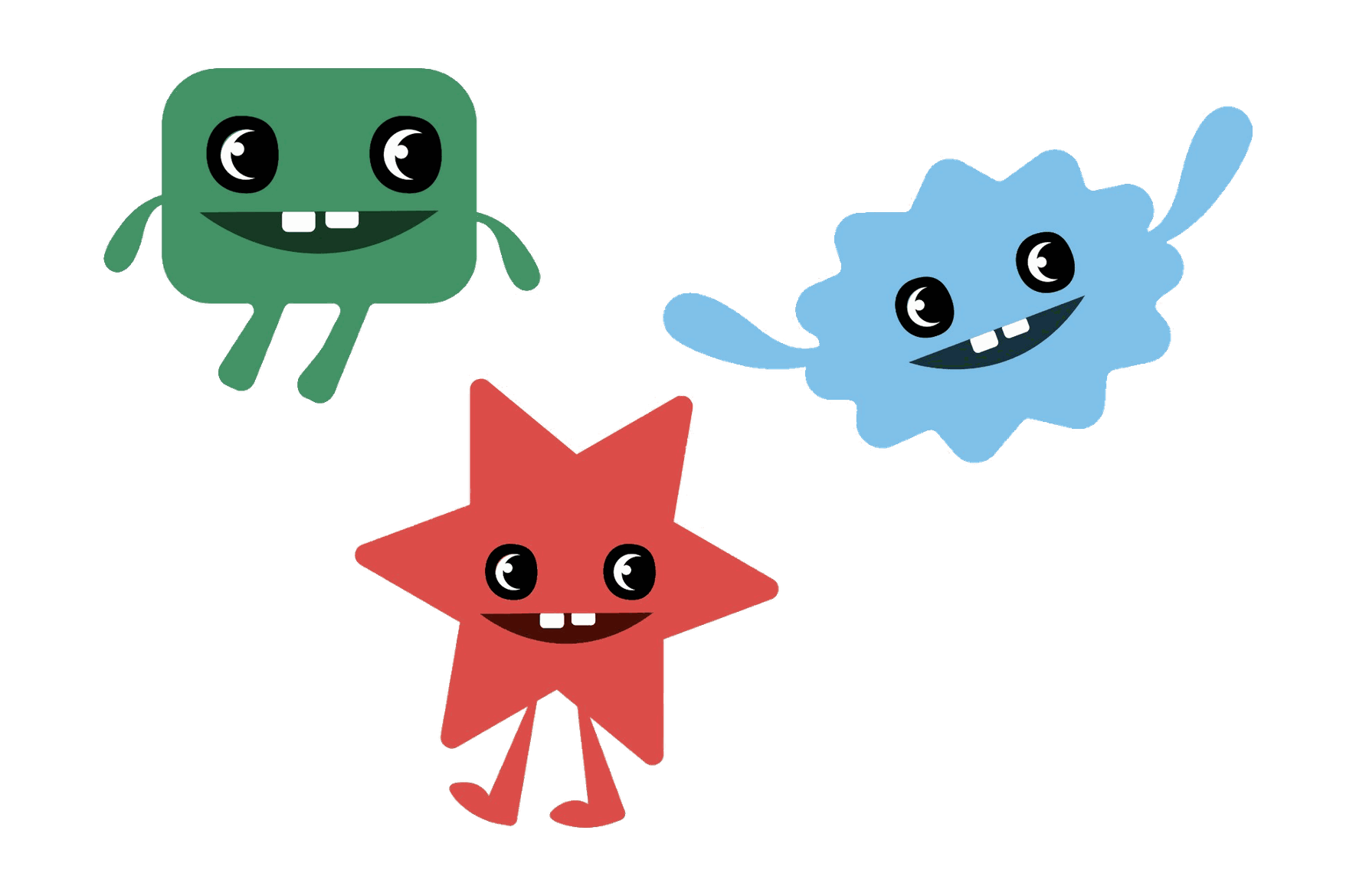 The three Tonko mates drawn flat: Cube, a green block with legs and a gap-toothed grin; Star, a red five-point star mid-stride; and Cloud, a blue puff with one arm raised.