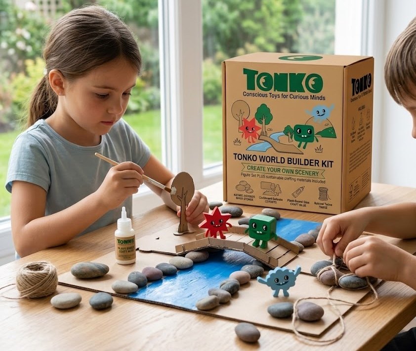 A child painting a wooden Tonko piece at a table by a window, with glue, twine, river stones and the assembled scene spread out around the kit box.