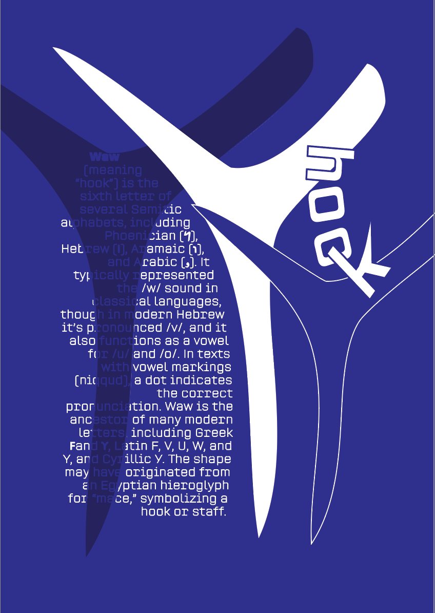 A deep blue poster with a large white hooked letterform, the history of the letter Waw set in small type inside and around it.