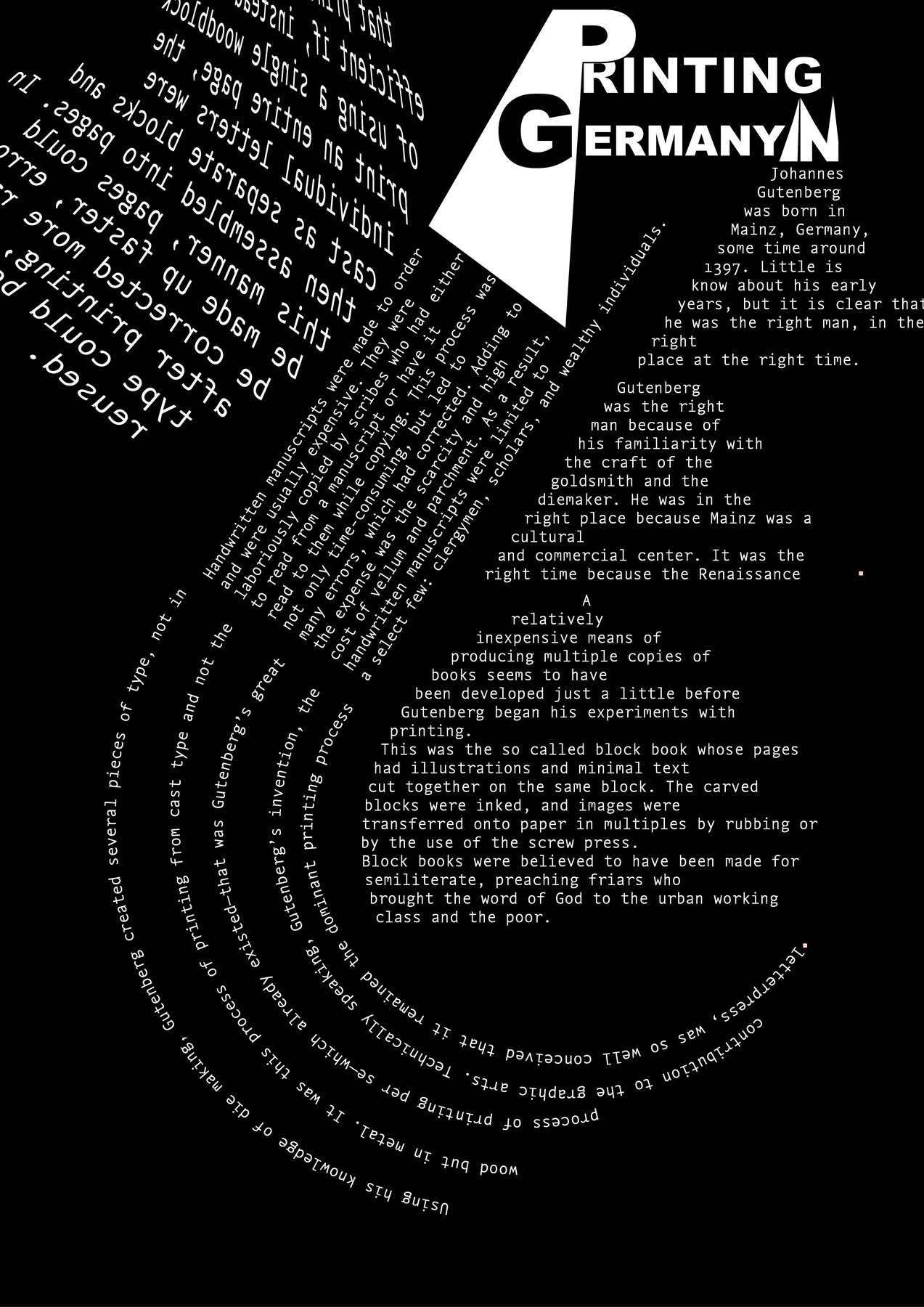 A black poster titled 'Printing Germany' in blackletter, with the history of Gutenberg and movable type set in a tight spiral of small white type around a diagonal press shape.
