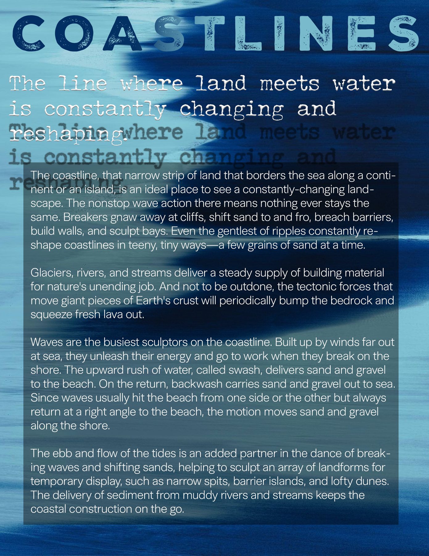 A spread titled COASTLINES over a photograph of surf at dusk, with a deck reading 'The line where land meets water is constantly changing and reshaping' and three columns of body text.