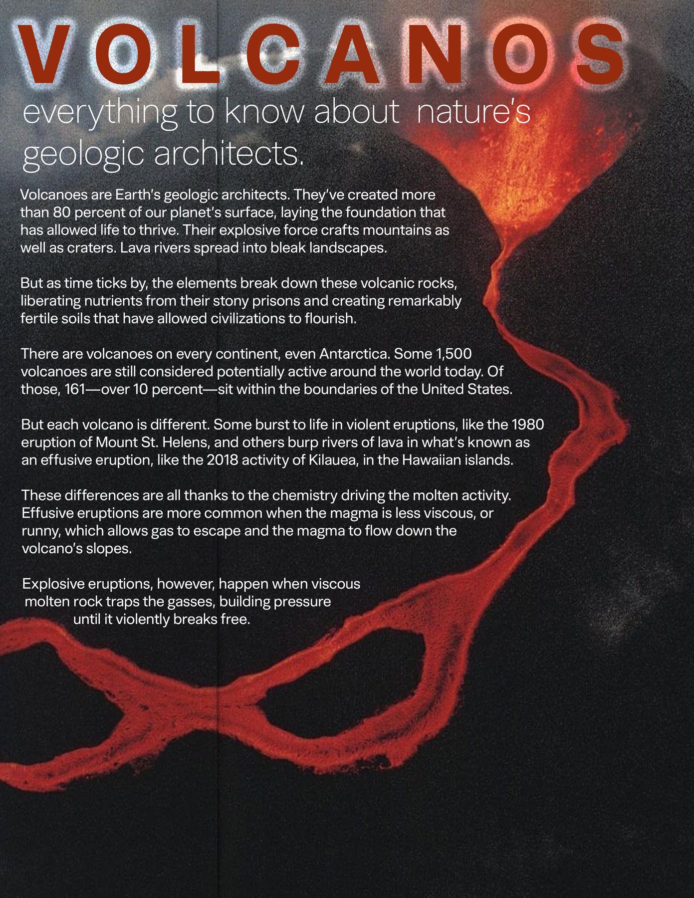A magazine spread titled VOLCANOS in glowing orange over a photograph of lava.