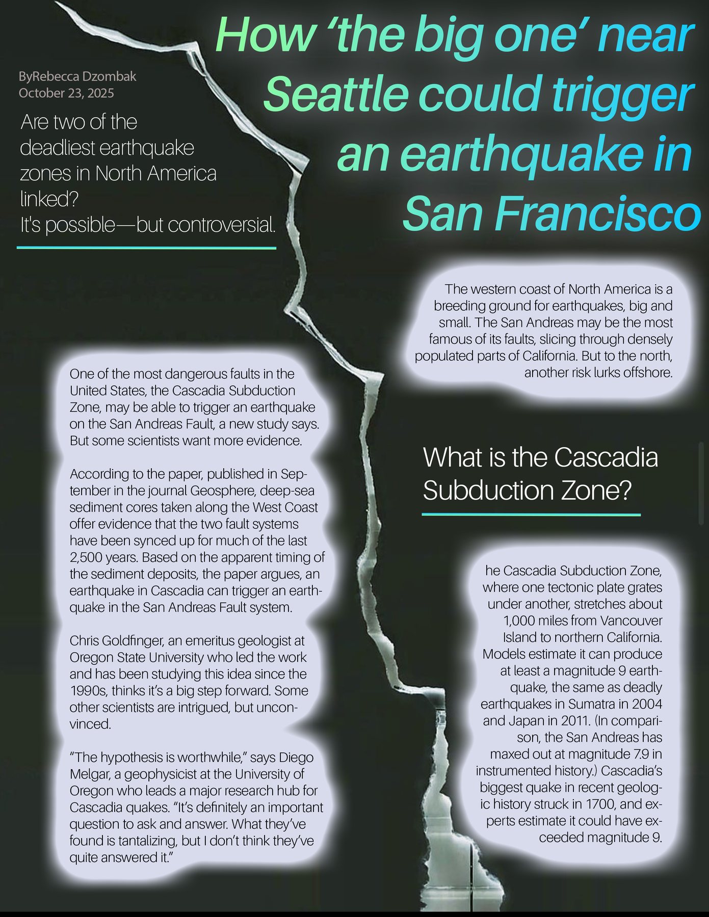 A spread asking 'How the big one near Seattle could trigger an earthquake in San Francisco', with a torn white fault line running down the page between two columns.