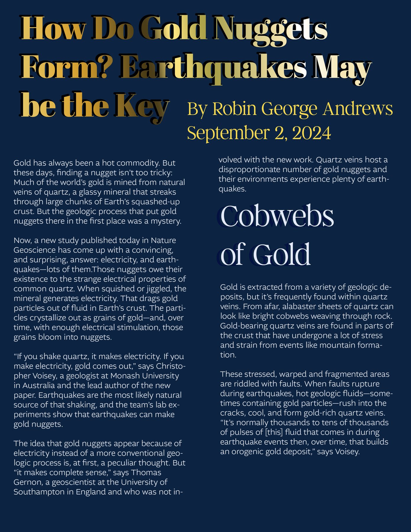 A spread headed 'How Do Gold Nuggets Form? Earthquakes May be the Key' in gold serif type on navy, with a secondary headline reading 'Cobwebs of Gold'.