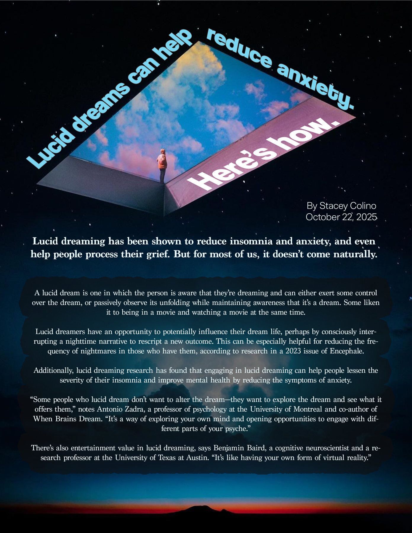 A spread reading 'Lucid dreams can help reduce anxiety. Here's how.' set on an angle over a photograph of a figure standing under a dawn sky.
