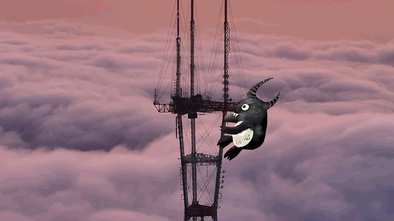 Sutro Tower above pink sunset fog, with a small horned creature climbing it.